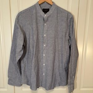 Black Brown 1826 Blue White Striped Linen blend Button Down Shirt Men's large